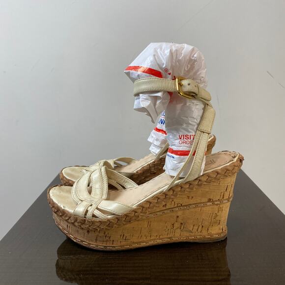 Prada Cork Wedge Platform Leather Ankle Strap Sandals Women's 40.5 - Picture 2 of 13